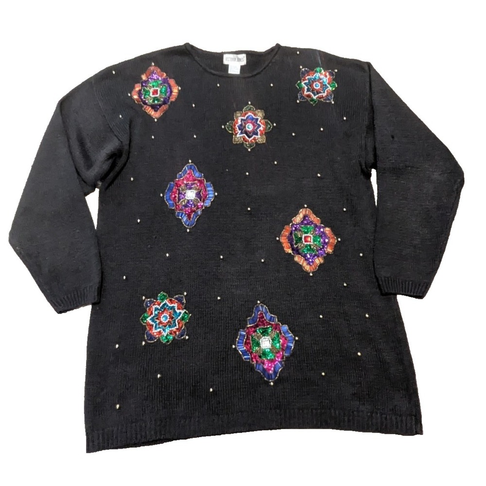 Vtg Victoria Jones Sweater Womens Sz L Black Ugly Christmas Beaded Holiday Party